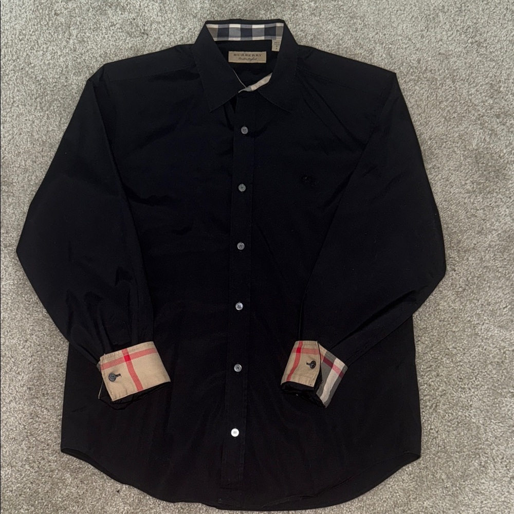 Authentic Burberry Men's Black Shirt with Plaid Cuffs